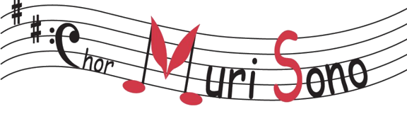Das Logo von Murisono zeigt auf fünf geschwungenen Notenlinien von links nach rechts zwei Erhöhungszeichen und den Schriftzug "Chor MuriSono". Das C in Chor wird durch einen umgedrehten Bassschlüssel dargestellt. Das M in Muri besteht aus zwei sich zugewandten Achtelnoten, deren Fähnchen und Kopf rot sind. Das S in Sono ist ebenfalls rot.